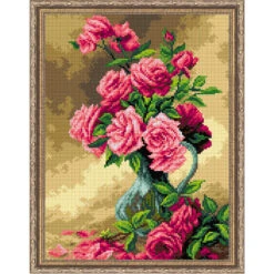 Orchidea Pink Roses In Glass Vase Needlepoint Canvas
