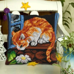 Orchidea Red Cat Pillow Needlepoint Kit