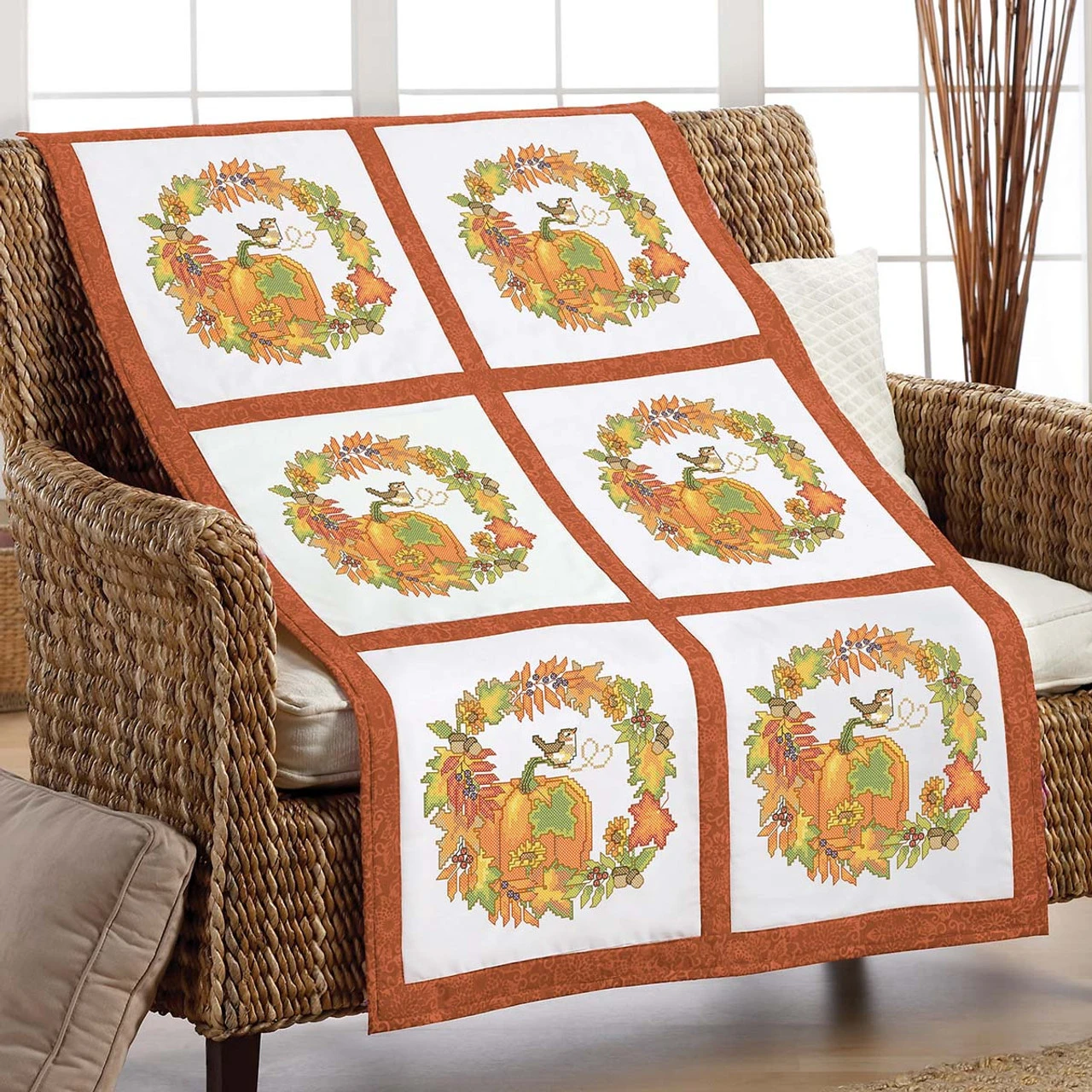 Herrschners Fall Wreath Quilt Blocks Stamped Cross-Stitch 1 Herrschners Fall Wreath Quilt Blocks Stamped Cross-Stitch