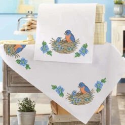 Herrschners Bluebird Nest Table Topper & Table Runner Stamped Cross-Stitch