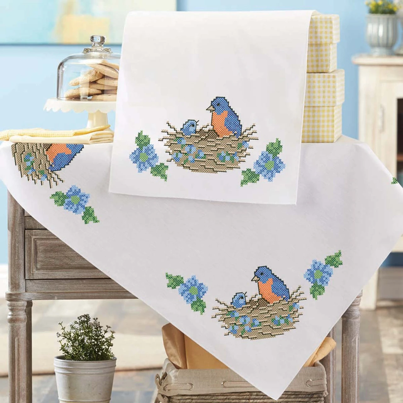 Herrschners Bluebird Nest Table Topper & Table Runner Stamped Cross-Stitch 1 Herrschners Bluebird Nest Table Topper & Table Runner Stamped Cross-Stitch