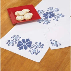 Herrschners Blue Tile Table Runner And Napkins Stamped Cross-Stitch