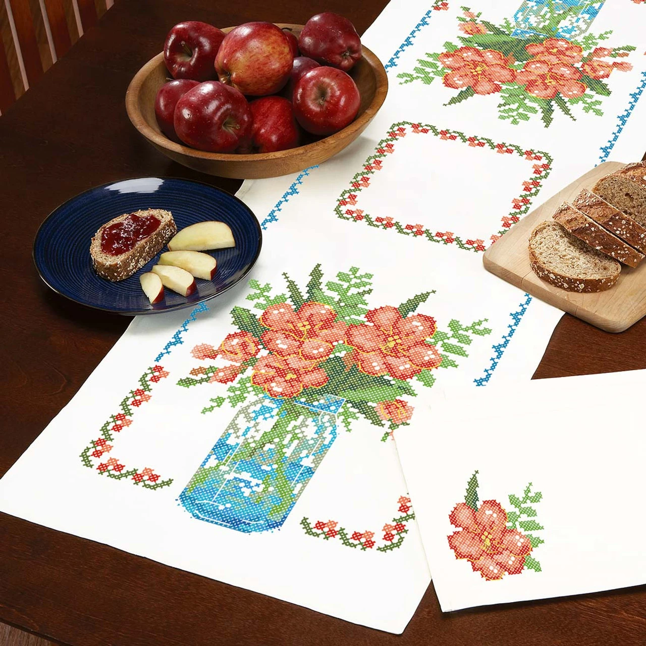 Herrschners Freesia Mason Jar Table Runner And Napkins Stamped Cross-Stitch 1 Herrschners Freesia Mason Jar Table Runner And Napkins Stamped Cross-Stitch