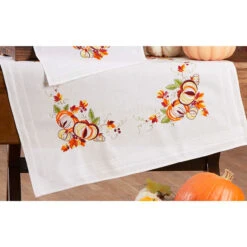 Nob Hill Autumn Pumpkins Table Topper Stamped Embroidery Kit