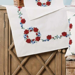 Nob Hill Red Rose Circle Table Topper Stamped Embroidery Kit