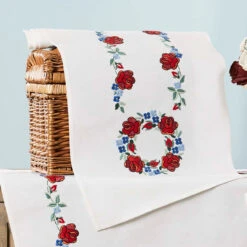 Nob Hill Red Rose Circle Table Runner Stamped Embroidery Kit