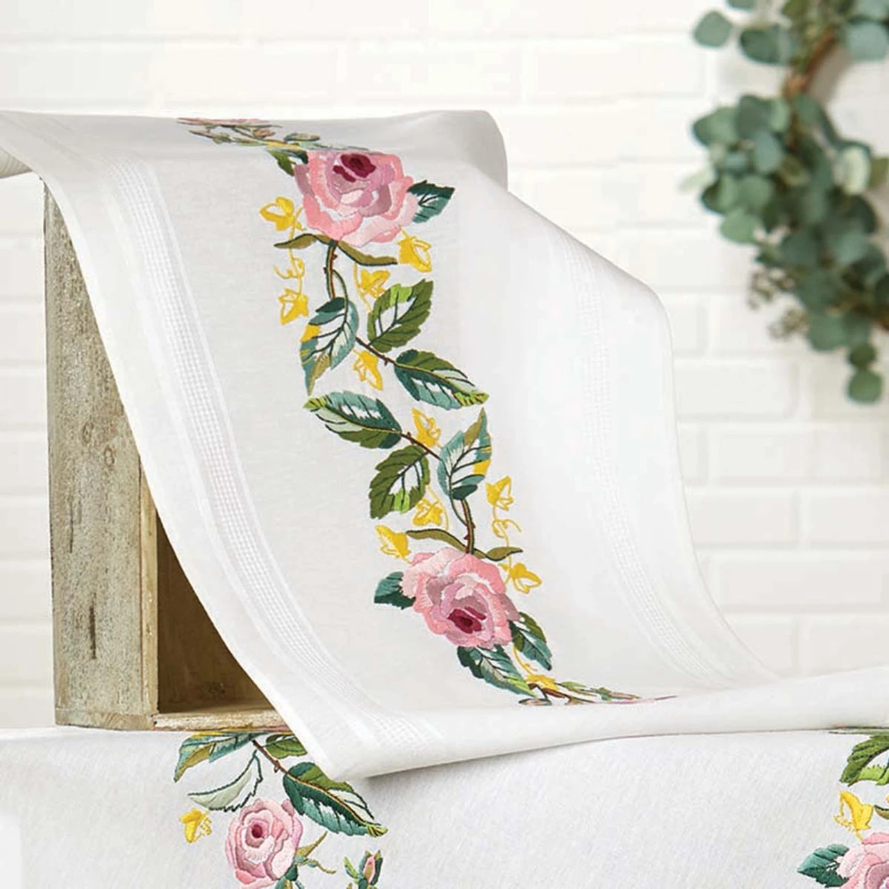 Nob Hill Roses & Leaves Table Runner Stamped Embroidery Kit 1 Nob Hill Roses & Leaves Table Runner Stamped Embroidery Kit