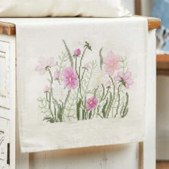 Nob Hill Purple & Pink Flowers Table Runner Stamped Cross-Stitch Kit