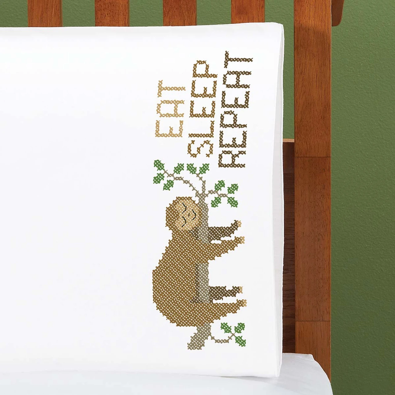 Herrschners Sleeping Sloth Pillowcase Pair Stamped Cross-Stitch 1 Herrschners Sleeping Sloth Pillowcase Pair Stamped Cross-Stitch