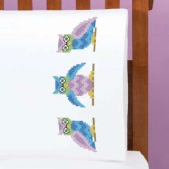 Herrschners Owl Hoots Pillowcase Pair Stamped Cross-Stitch