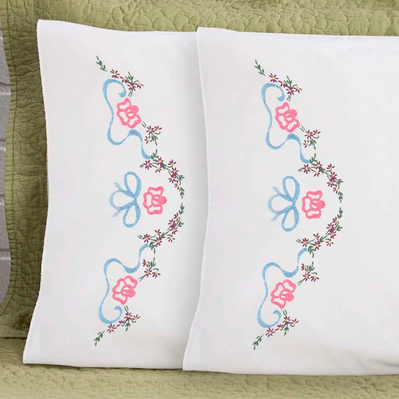 Herrschners Caroline Pillowcase Pair Stamped Embroidery 1 Herrschners Caroline Pillowcase Pair Stamped Embroidery