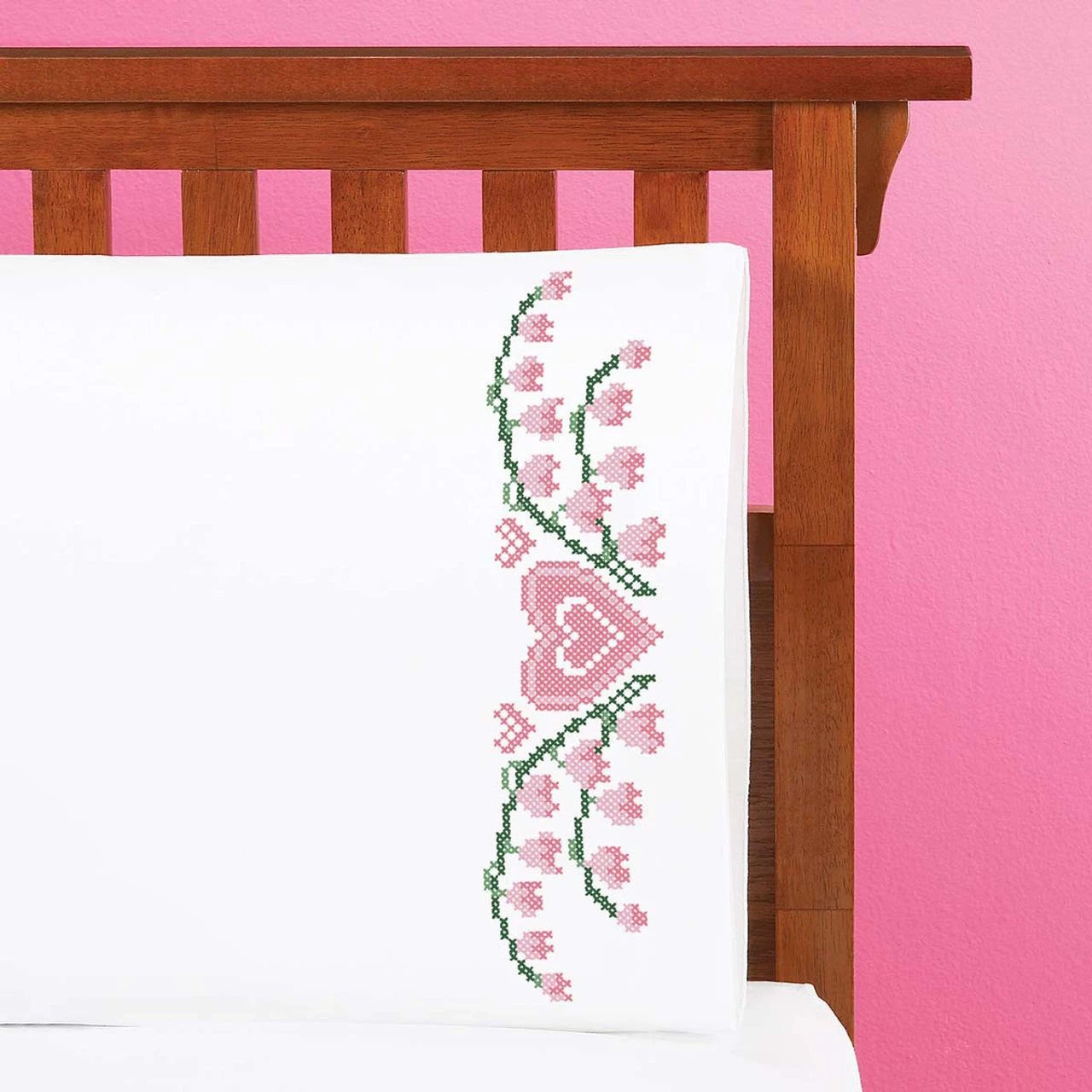Herrschners Pink Floral Heart Pillowcase Pair Stamped Cross-Stitch 1 Herrschners Pink Floral Heart Pillowcase Pair Stamped Cross-Stitch