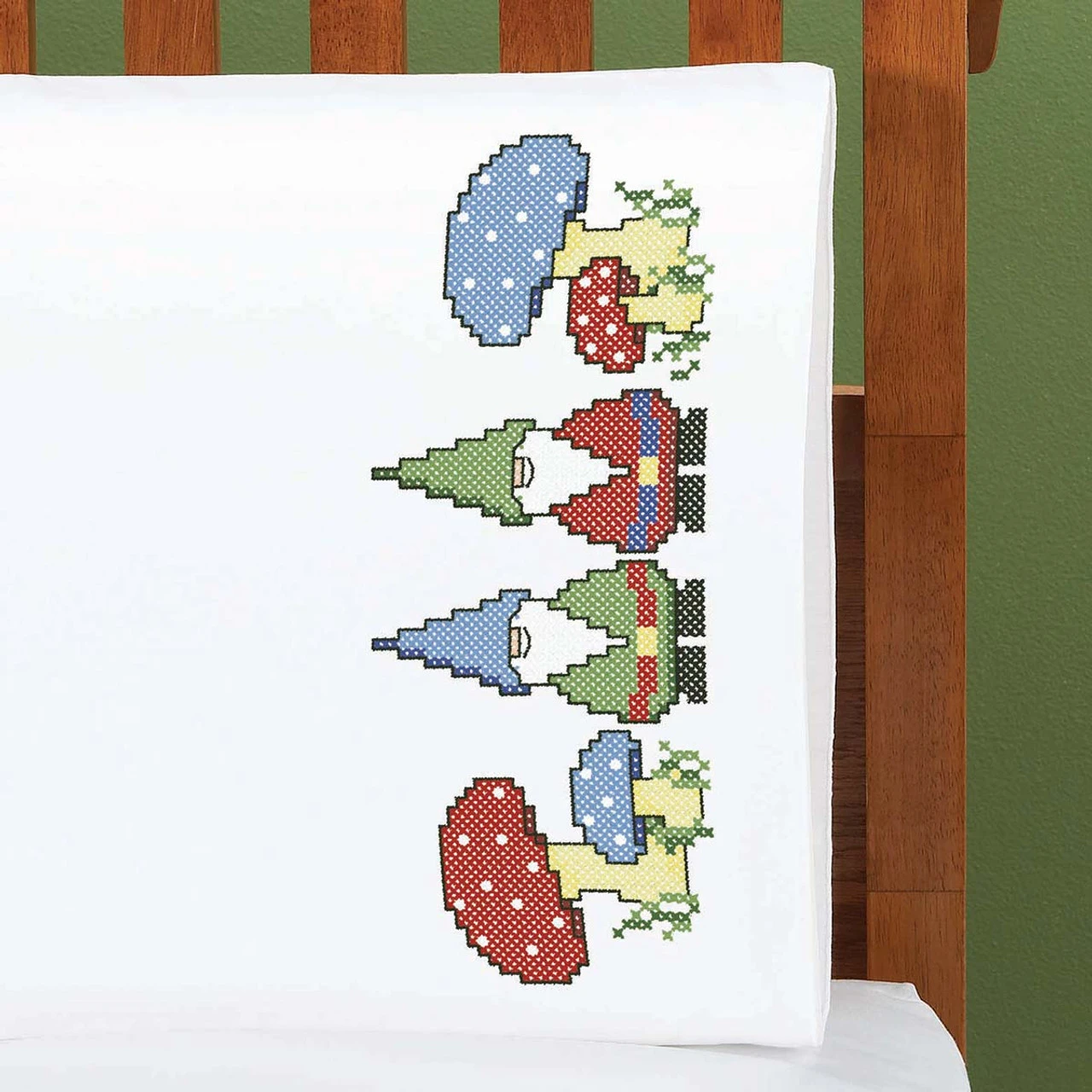 Herrschners Happy Gnomes Pillowcase Pair Stamped Cross-Stitch 1 Herrschners Happy Gnomes Pillowcase Pair Stamped Cross-Stitch