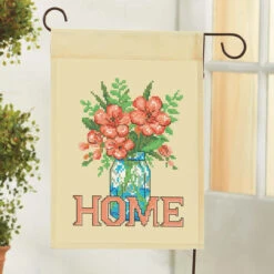 Herrschners Floral Mason Jar Porch Flag Stamped Cross-Stitch Kit
