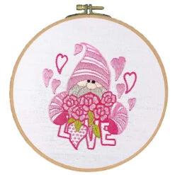 Craftways Pink Gnome Love Roses Hoop Stamped Embroidery Kit