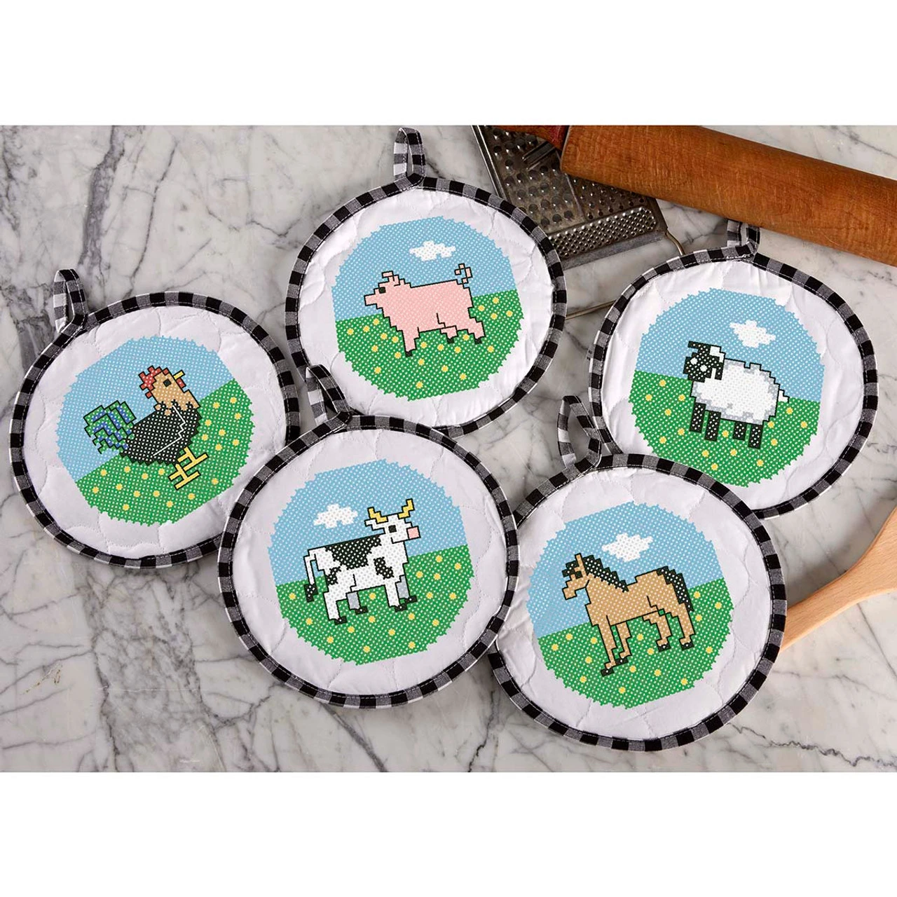 Herrschners Down At The Farm Pot Holders Stamped Cross-Stitch 1 Herrschners Down At The Farm Pot Holders Stamped Cross-Stitch