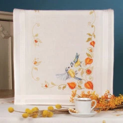 Vervaco Chickadees & Gooseberries Table Runner Stamped Cross-Stitch Kit