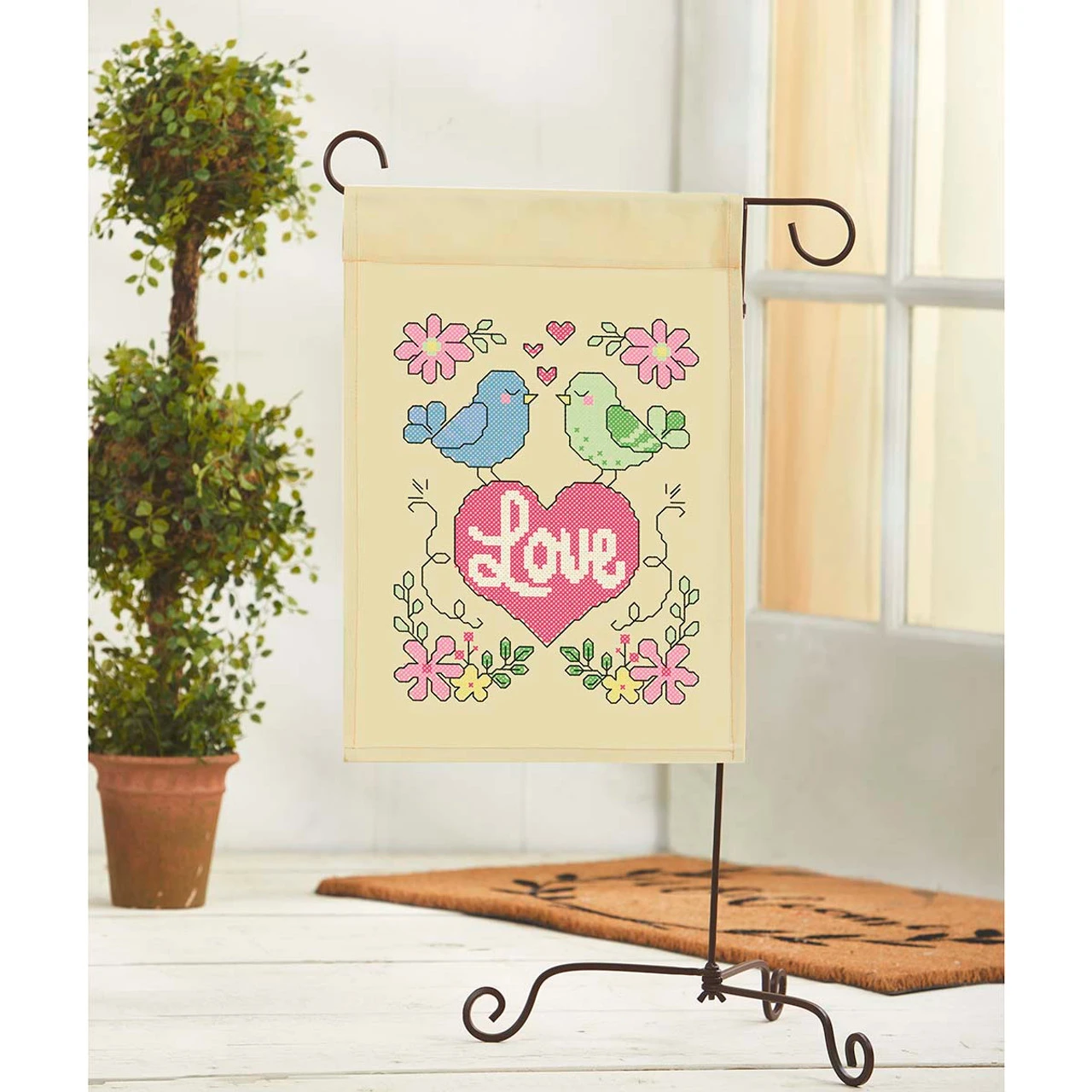 Herrschners Lovebirds Porch Flag Stamped Cross-Stitch Kit 1 Herrschners Lovebirds Porch Flag Stamped Cross-Stitch Kit