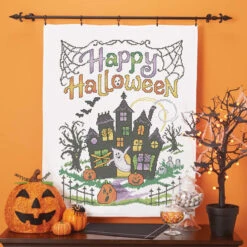 Herrschners Happy Halloween Lap Quilt Top Stamped Cross-Stitch Kit
