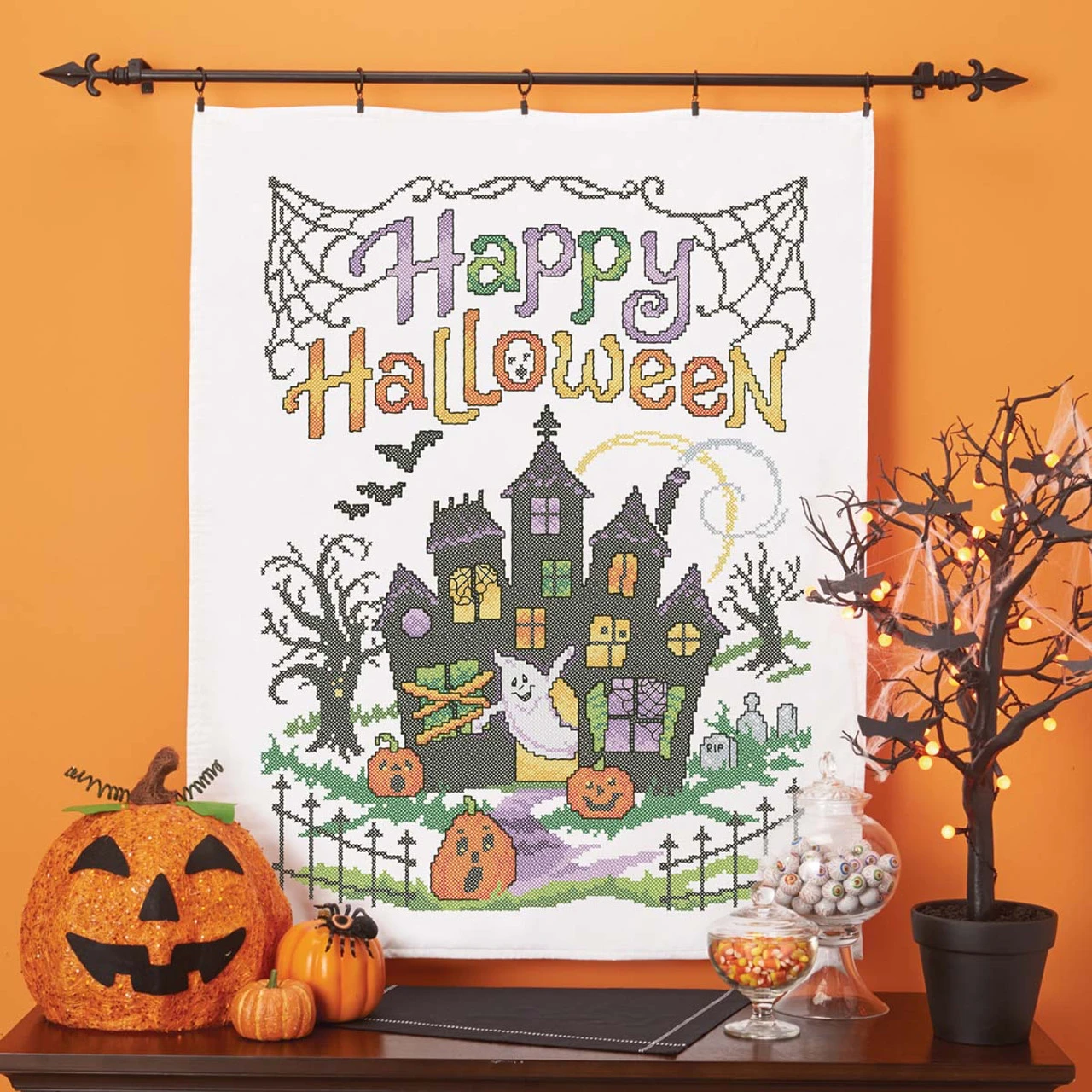 Herrschners Happy Halloween Lap Quilt Top Stamped Cross-Stitch Kit 1 Herrschners Happy Halloween Lap Quilt Top Stamped Cross-Stitch Kit