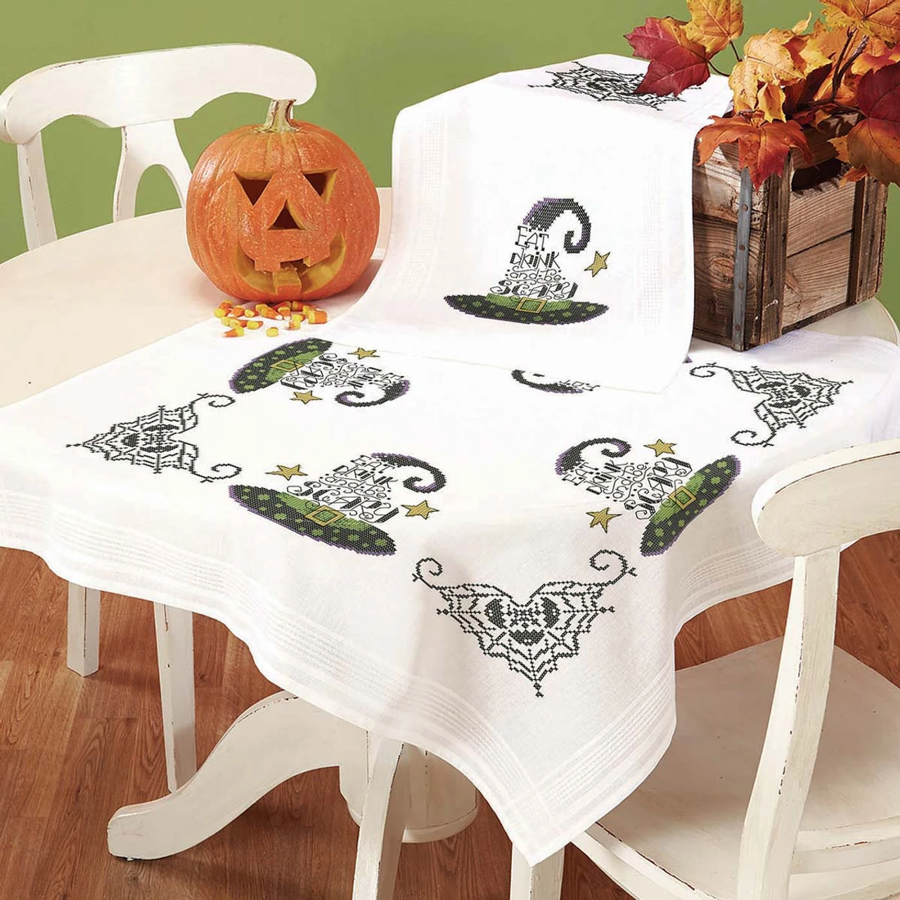 Herrschners Eat, Drink, & Be Scary Table Topper & Runner Stamped Cross-Stitch 1 Herrschners Eat, Drink, & Be Scary Table Topper & Runner Stamped Cross-Stitch