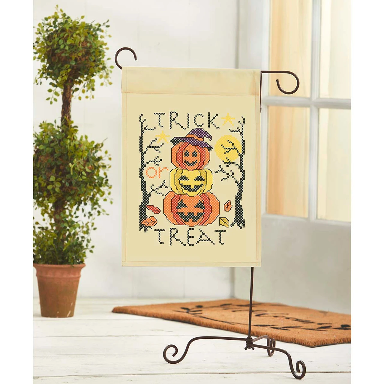Herrschners Trick Or Treat Porch Flag Stamped Cross-Stitch Kit 1 Herrschners Trick Or Treat Porch Flag Stamped Cross-Stitch Kit