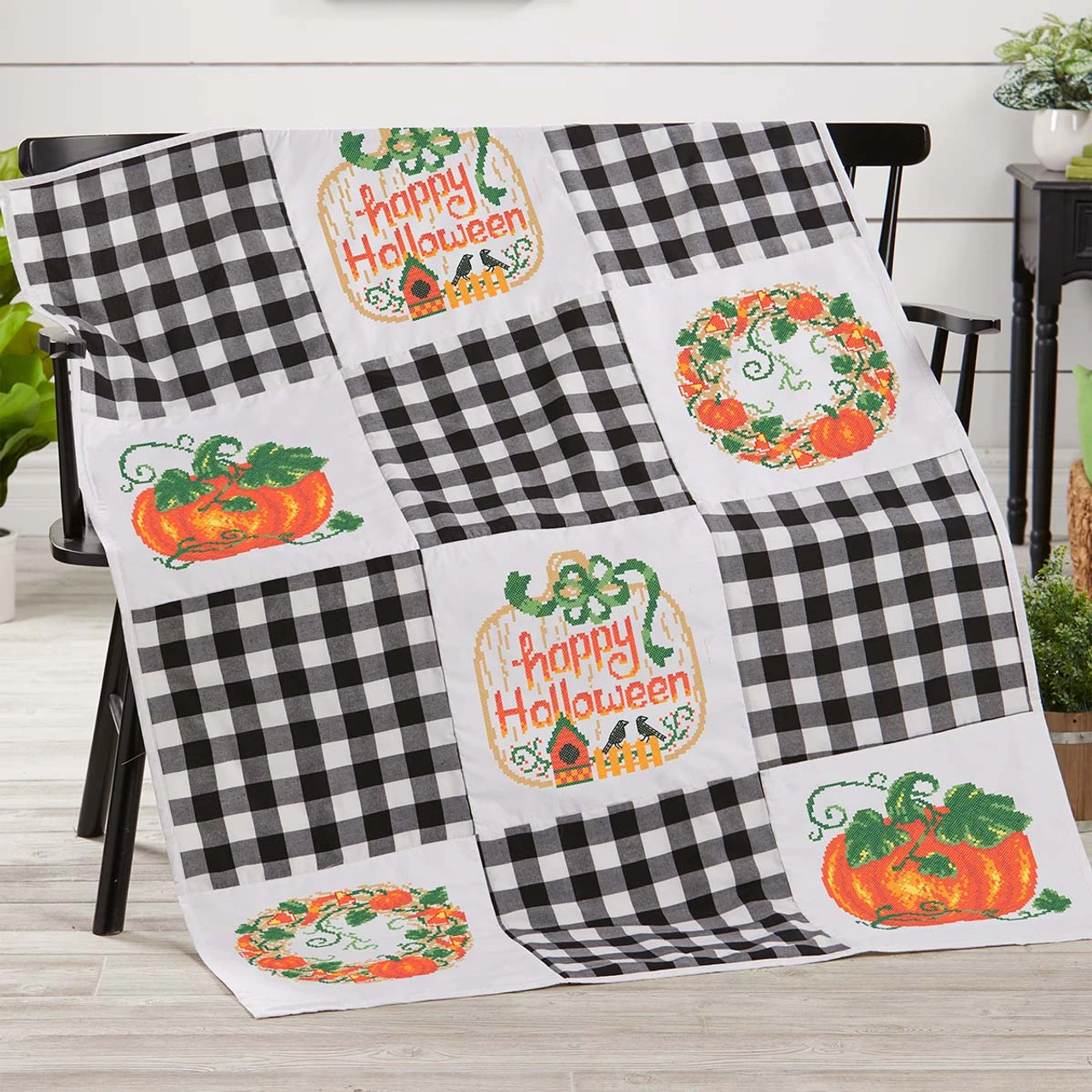 Herrschners Farmhouse Halloween Quilt Blocks Stamped Cross-Stitch 1 Herrschners Farmhouse Halloween Quilt Blocks Stamped Cross-Stitch