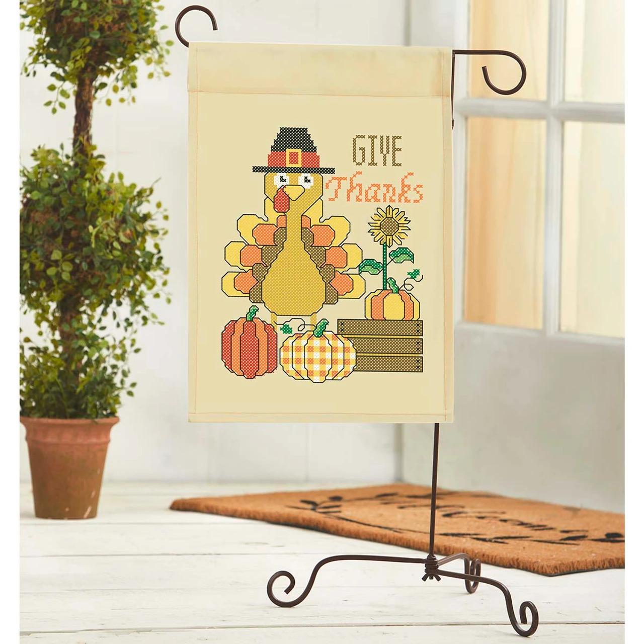 Herrschners Give Thanks Porch Flag Stamped Cross-Stitch Kit 1 Herrschners Give Thanks Porch Flag Stamped Cross-Stitch Kit