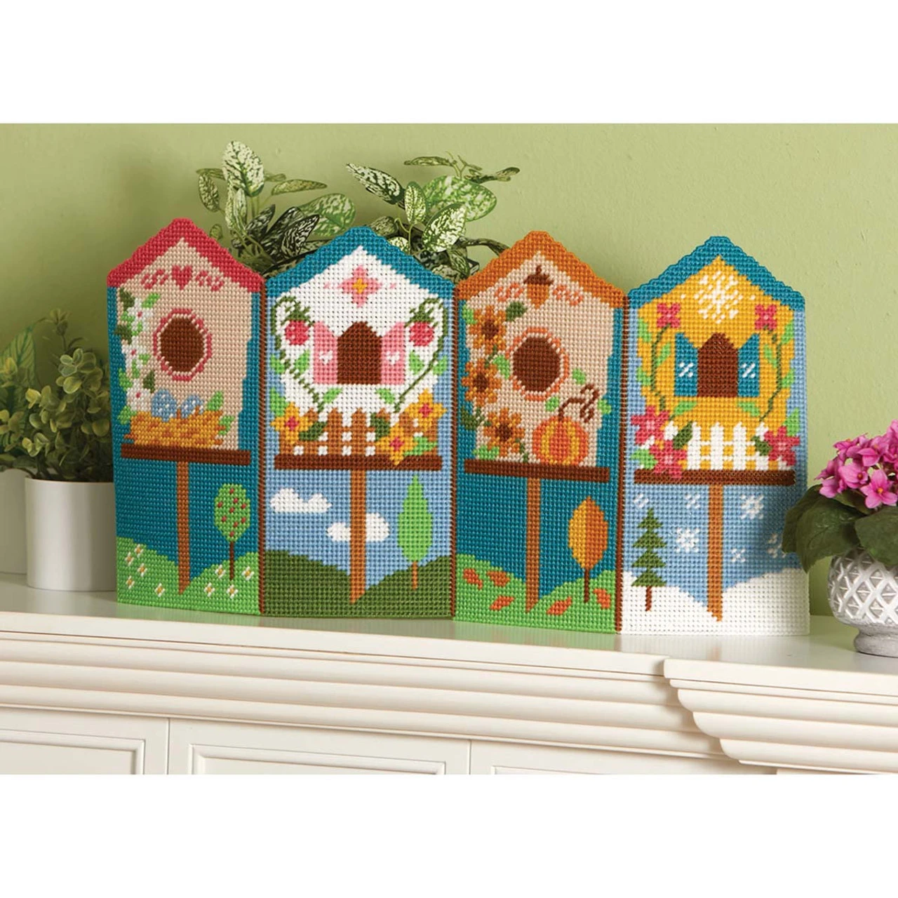 Herrschners Four Seasons Birdhouse Mantel Sitter Plastic Canvas Kit 1 Herrschners Four Seasons Birdhouse Mantel Sitter Plastic Canvas Kit