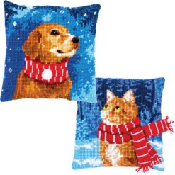 Vervaco Dog & Cat With Scarf Pillow Cover Set Needlepoint