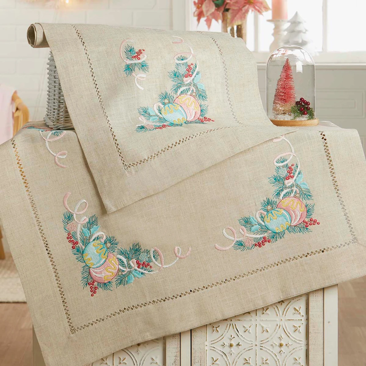 Nob Hill Joyful Ornaments Table Topper & Table Runner Set Stamped Embroidery 1 Nob Hill Joyful Ornaments Table Topper & Table Runner Set Stamped Embroidery