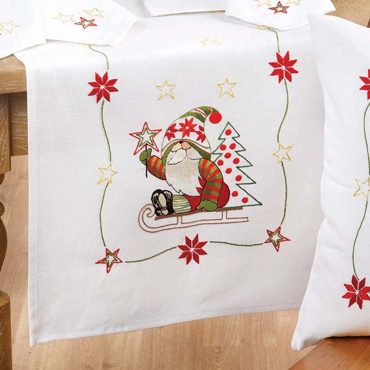 Herrschners Gnome Santa On Sled Table Runner Stamped Embroidery Kit 1 Herrschners Gnome Santa On Sled Table Runner Stamped Embroidery Kit