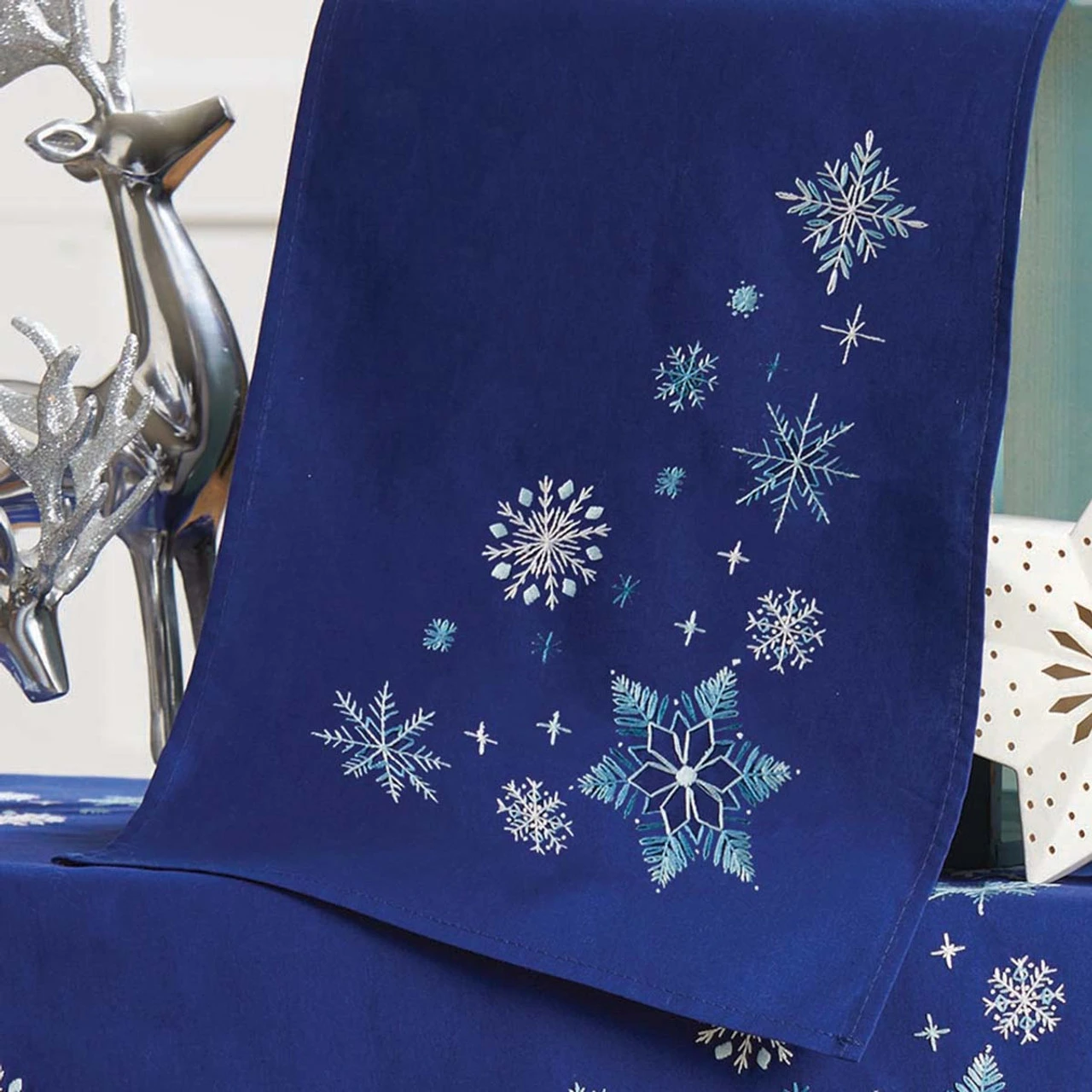 Herrschners Snowflakes On Blue Table Runner Stamped Embroidery Kit 1 Herrschners Snowflakes On Blue Table Runner Stamped Embroidery Kit