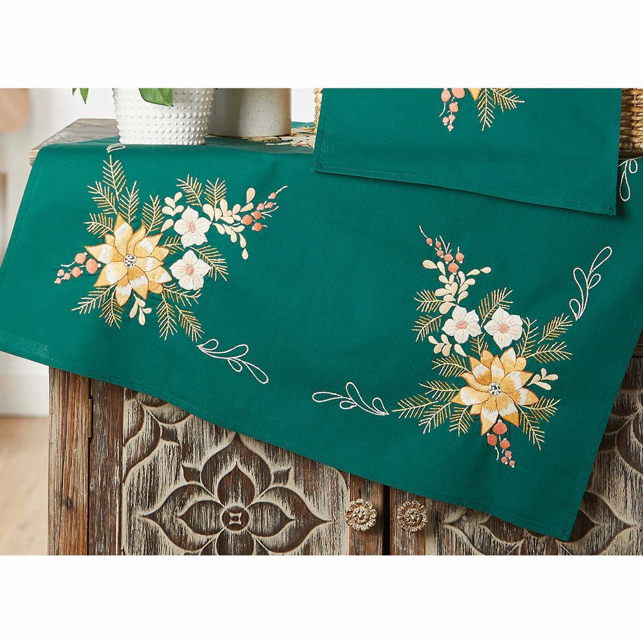 Herrschners Golden Flowers Table Topper Stamped Embroidery Kit 1 Herrschners Golden Flowers Table Topper Stamped Embroidery Kit