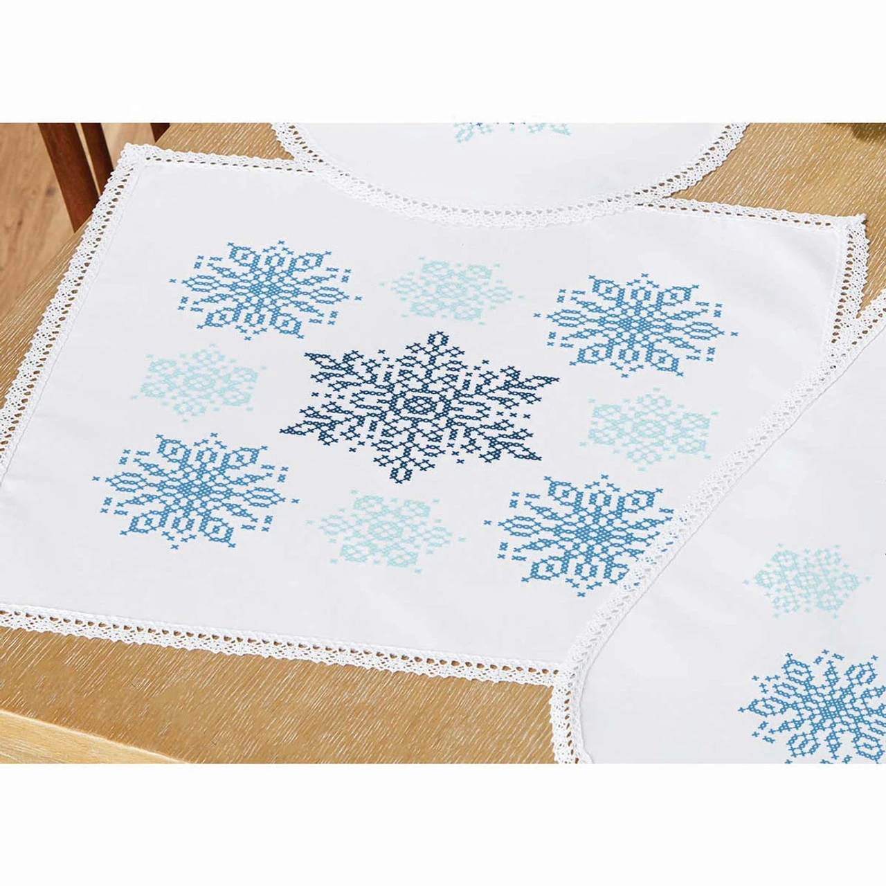 Herrschners Snow Crystals Table Topper Stamped Cross-Stitch 1 Herrschners Snow Crystals Table Topper Stamped Cross-Stitch