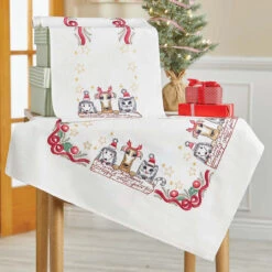 Herrschners Furry Friends Christmas Table Topper & Runner Stamped Embroidery Kit
