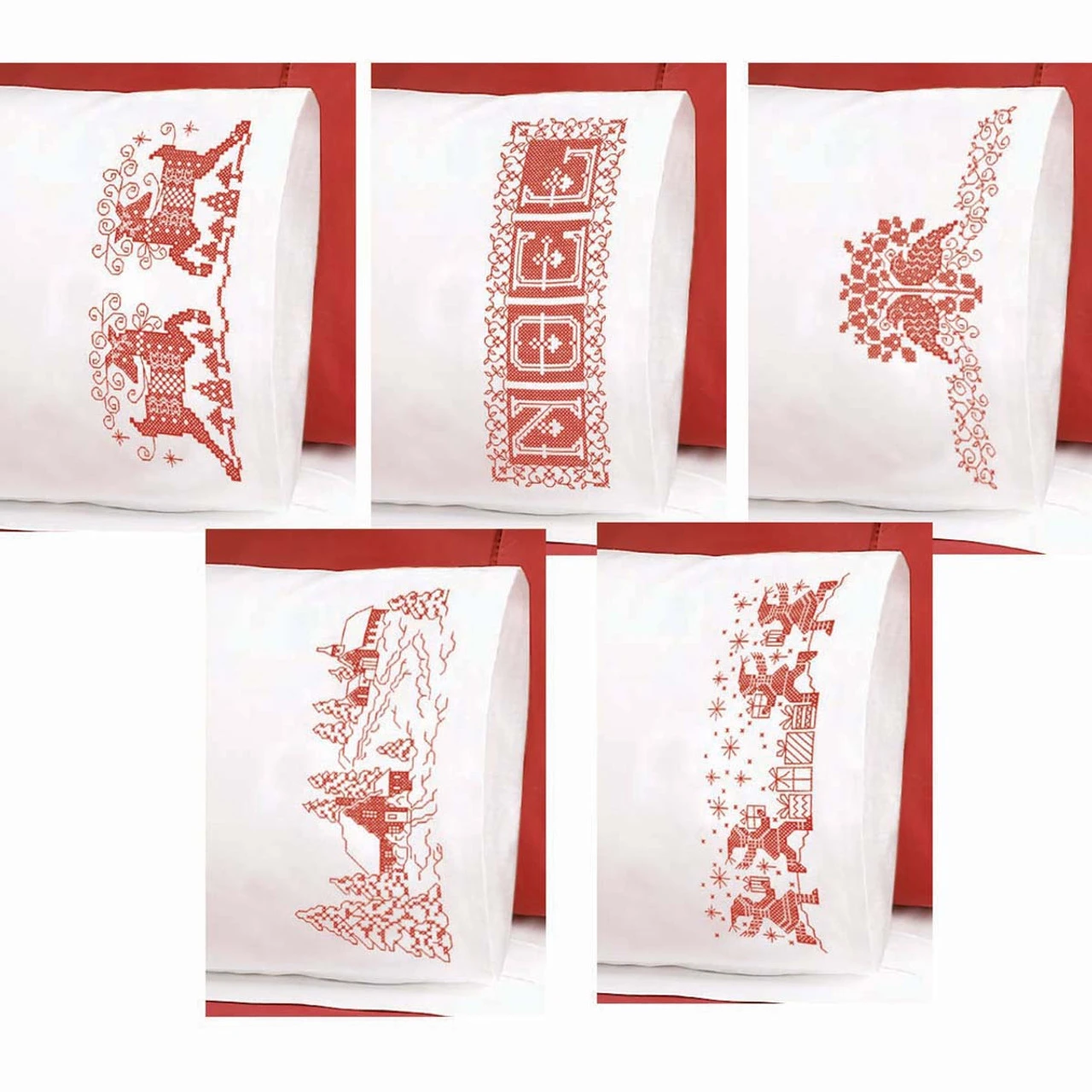 Herrschners Christmas Redwork Pillowcase Pairs Stamped Cross-Stitch 1 Herrschners Christmas Redwork Pillowcase Pairs Stamped Cross-Stitch