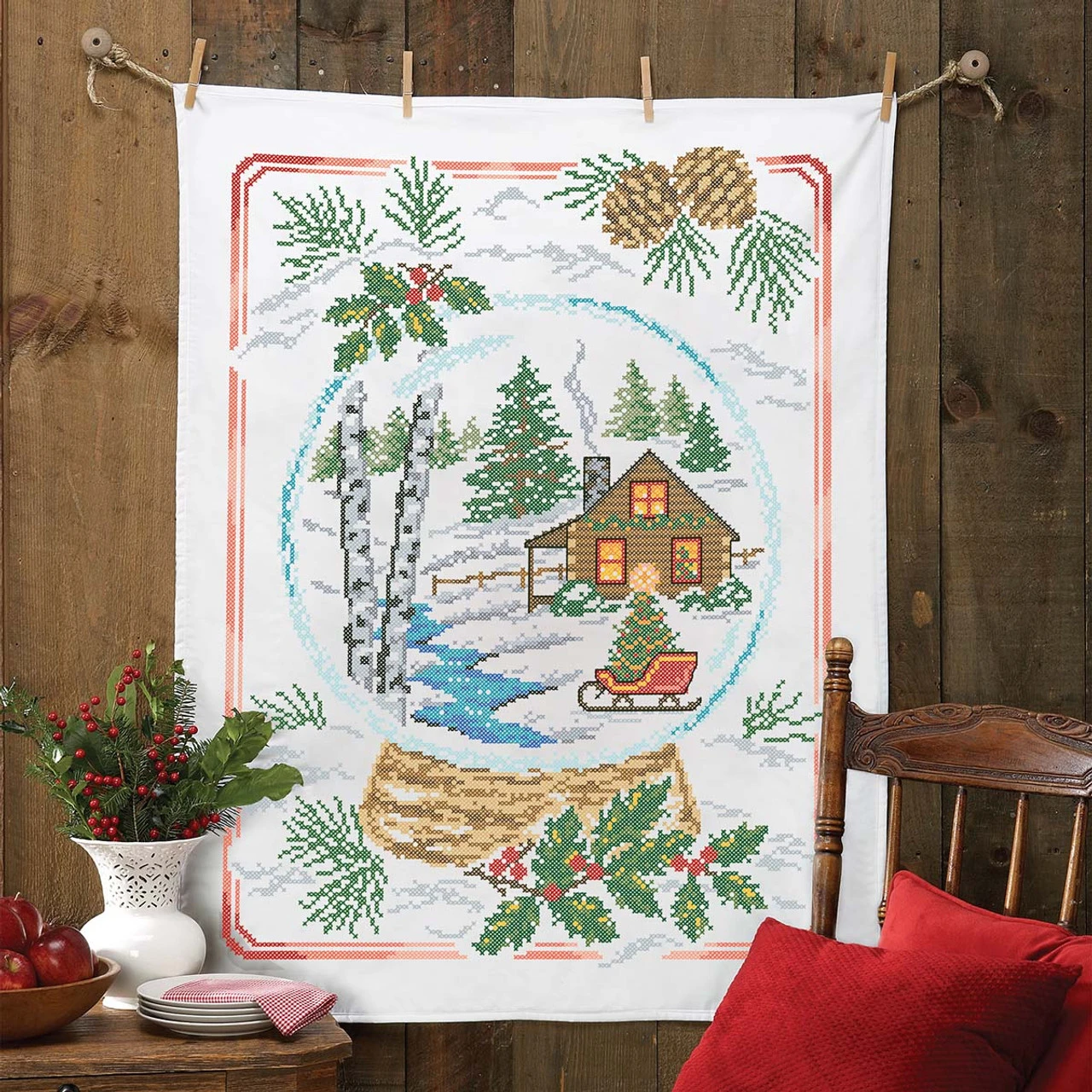 Herrschners Northwoods Snowglobe Lap Quilt Top Stamped Cross-Stitch Kit 1 Herrschners Northwoods Snowglobe Lap Quilt Top Stamped Cross-Stitch Kit