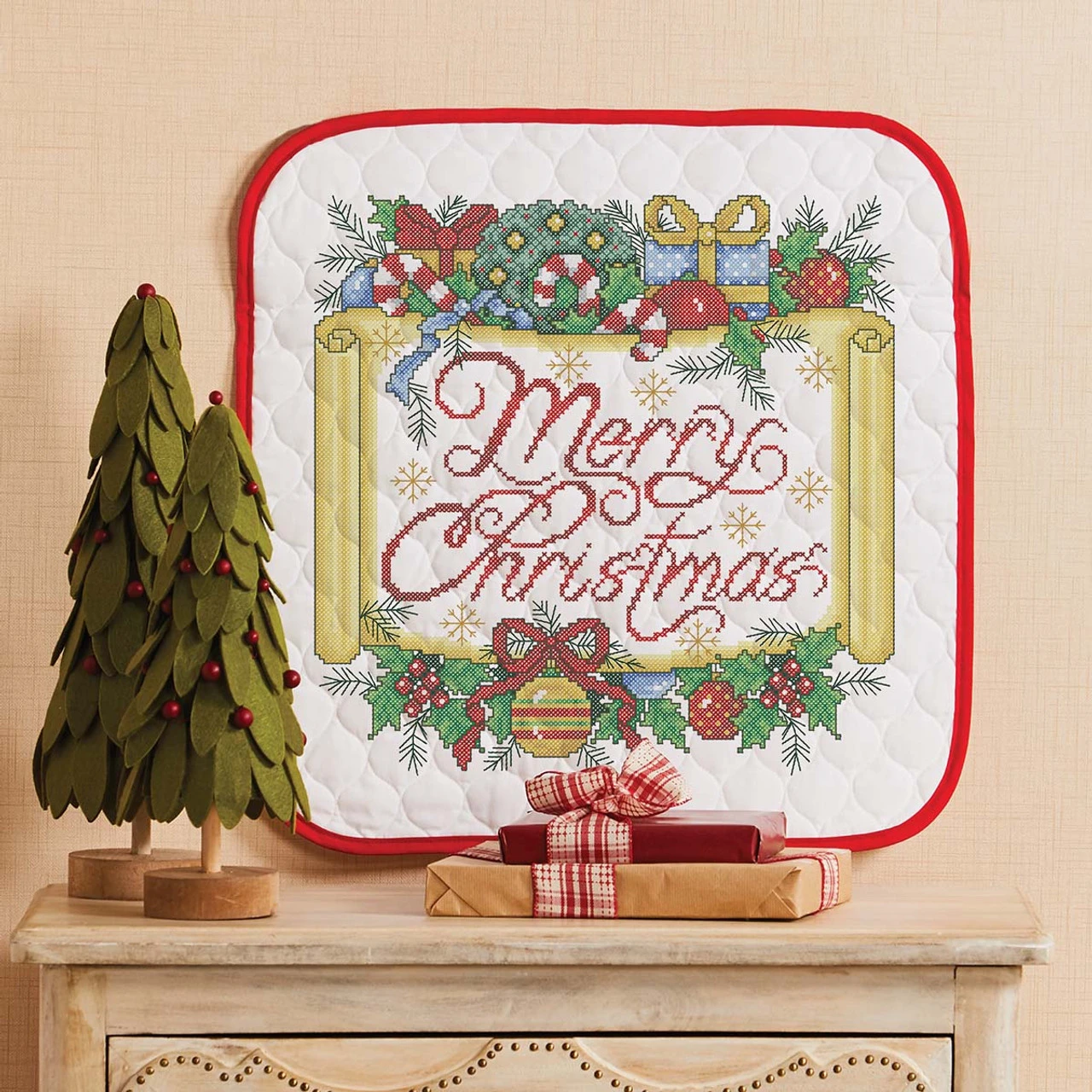 Herrschners Merry Christmas Scroll Wall Hanging Stamped Cross-Stitch Kit 1 Herrschners Merry Christmas Scroll Wall Hanging Stamped Cross-Stitch Kit