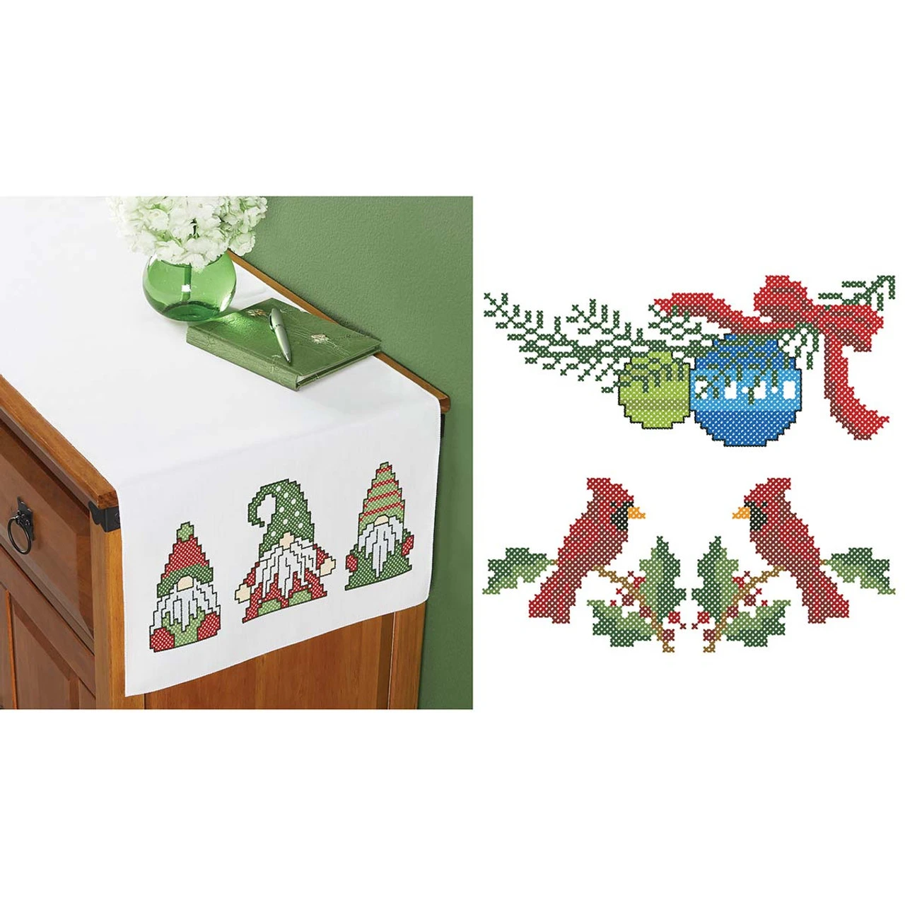 Herrschners Christmas Dresser Scarf Set Stamped Cross-Stitch 1 Herrschners Christmas Dresser Scarf Set Stamped Cross-Stitch