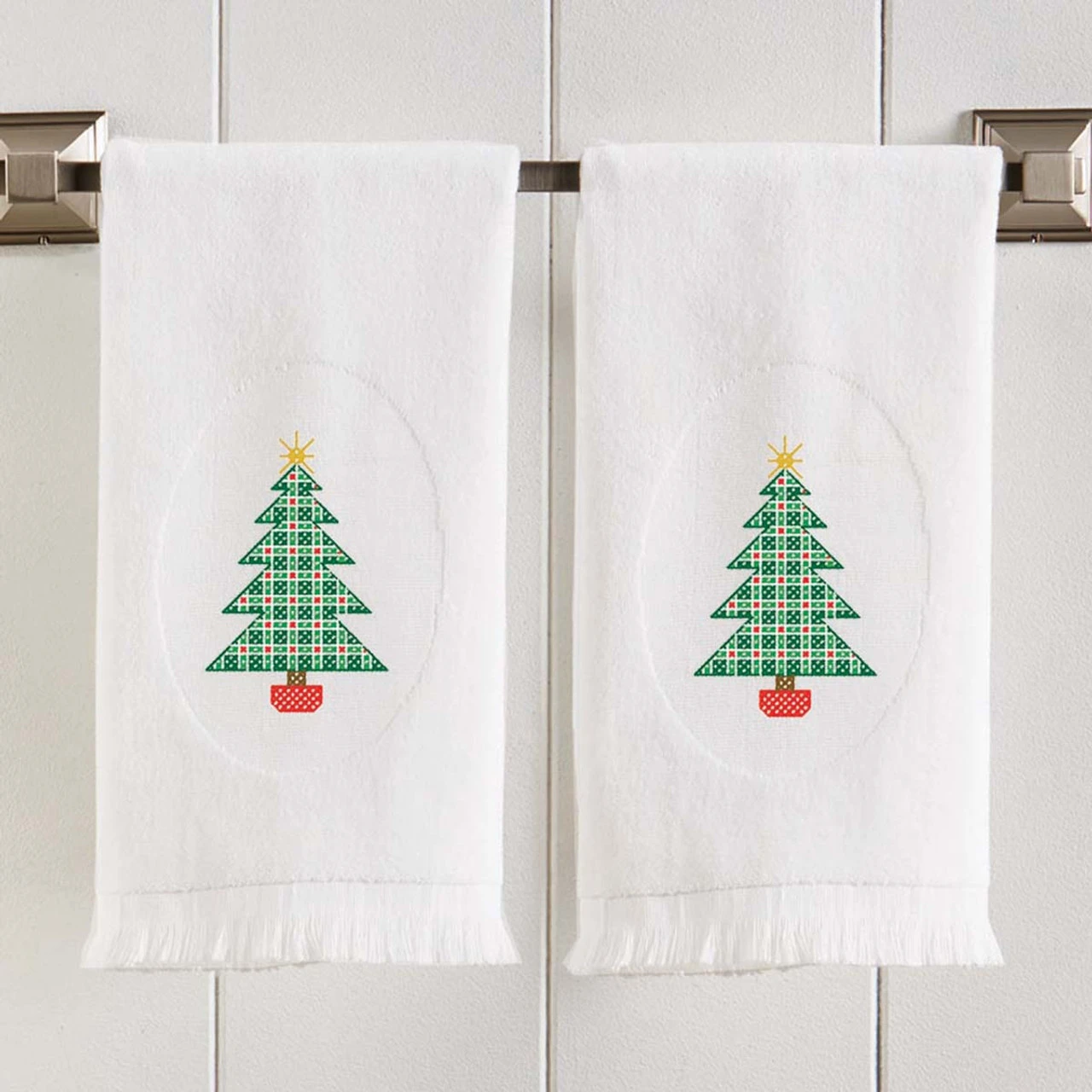 Herrschners Checkered Tree Terry Towel Pair Stamped Cross-Stitch 1 Herrschners Checkered Tree Terry Towel Pair Stamped Cross-Stitch