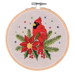 Craftways Cardinal With Poinsettia Hoop Stamped Embroidery Kit