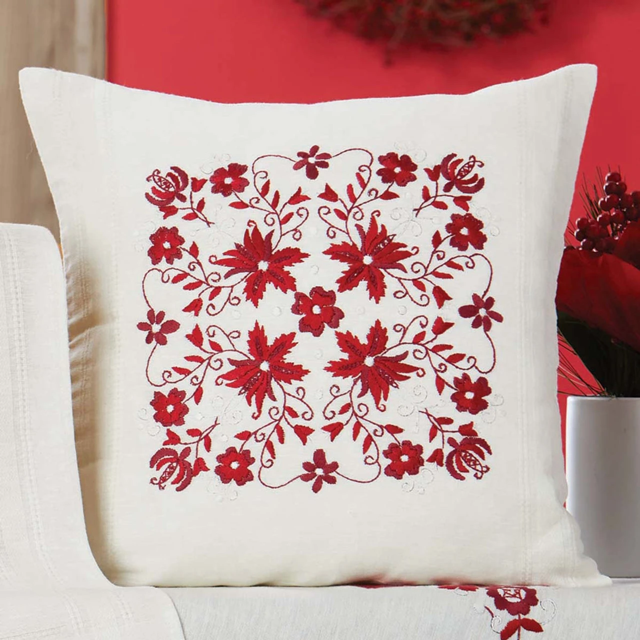 Craftways Christmas Red Floral Pillow Cover Stamped Embroidery Kit 1 Craftways Christmas Red Floral Pillow Cover Stamped Embroidery Kit