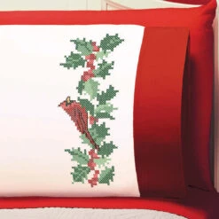 Herrschners Holly Cardinal Pillowcase Pair Stamped Cross-Stitch