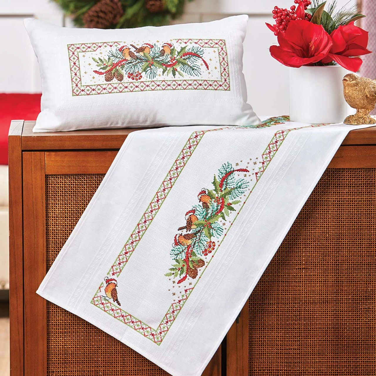 Craftways Santa Birds Pillow Cover & Table Runner Set Counted Cross-Stitch 1 Craftways Santa Birds Pillow Cover & Table Runner Set Counted Cross-Stitch