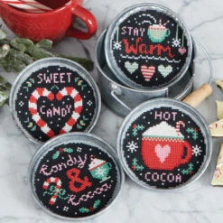 Herrschners Peppermint & Cocoa Tin Coasters Counted Cross-Stitch Kit